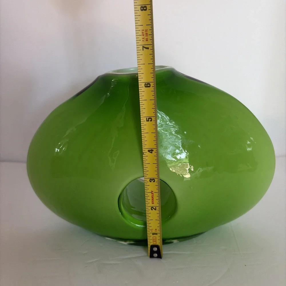 Vintage Green Glass Cased Hand Blown Art Glass Donut Hole Vase MCM Style
